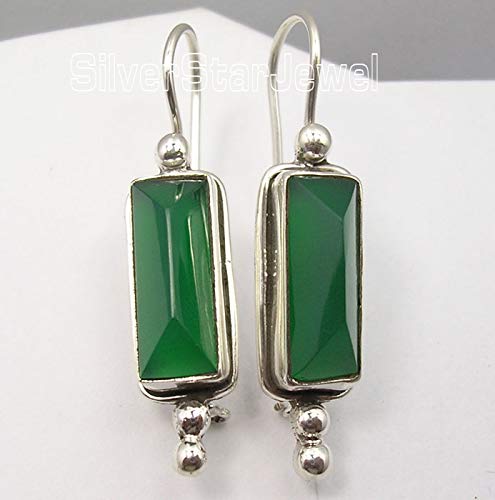 925 Solid Sterling Silver Authentic Green Onyx Earrings 1.5" New Art2