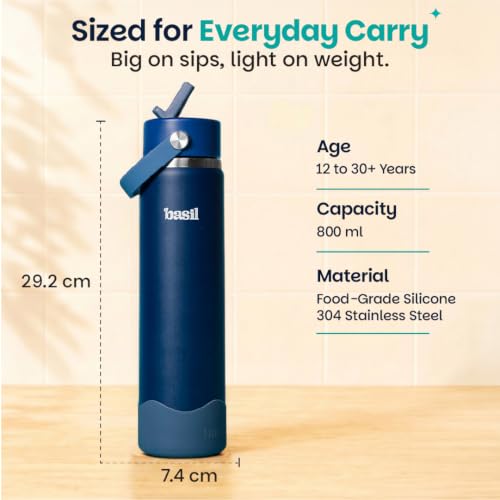 Image of Basil HydraFizz Stainless Steel Insulated Water Bottle for Kids & Adults | 800ml Leakproof Sipper Bottle with Carry Handle | Double Wall Vacuum Thermosteel Bottle for Home, Gym & Travel | Classic Navy