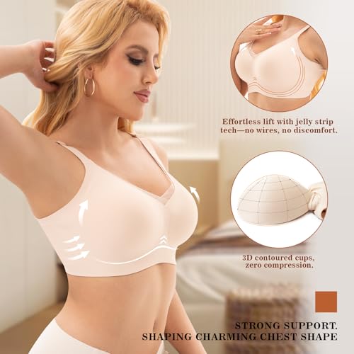 Image of PoseFree Womens Wireless Bras Supportive Tshirt Bra No Underwire Seamless Push Up V Mesh Comfortable Bralette Everyday Bras