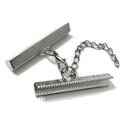 Zhiteng 10 Set Ribbon Clamp Crimp Ends Beads Flat Cover With Lobster Claw Swivel Clasps Extension Chain Jump Rings Cords End Caps String Clip Foldover Necklace Bracelet Connectors (Rhodium Crimp 40mm) Cover