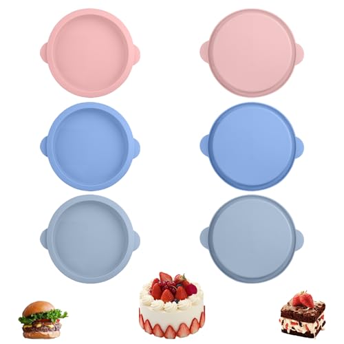 Hevysuo 6 Piezas Molde de Silicona Redondo,10cm Molde Pastel Silicona Redondo,Resistente a Altas Temperaturas,para Hacer Pasteles,Tartas，Sándwiches de Huevo,Cian/Rosa/Gris