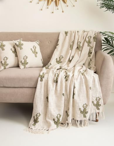 Image of Cotton Sofa Throw Blanket with 2 pcs Cushion Covers Beige (Nagfani Print, Pack of 3)