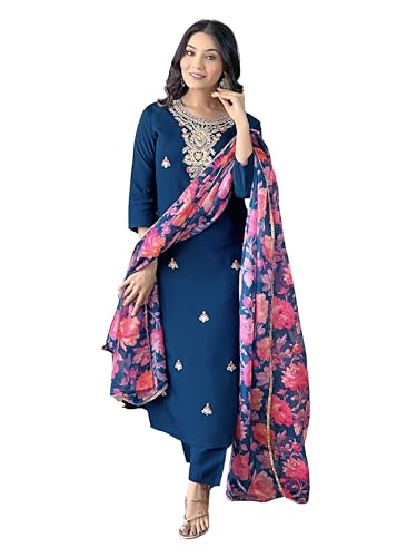 Image of Naixa Women's Rayon Embroidered and Printed Straight Kurta with Pant and Dupatta Sets (Available in Plus Size) (NX3-513)
