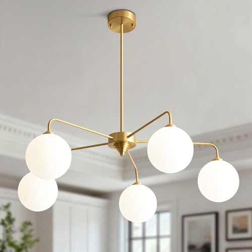Image of 5 Light Modern Brass Chandelier Mid Century Gold Ceiling Light Fixture White Glass Globe Sputnik Chandelier for Dining Room Bedroom Kitchen