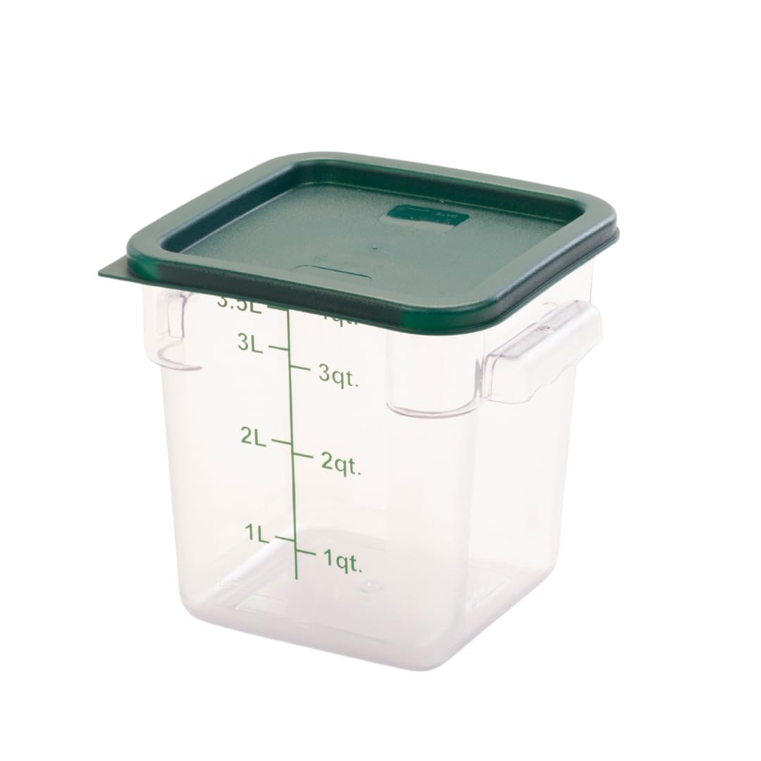 FSE Square Food Storage Container with Green Lid, 4 Quart, Polycarbonate, Reusable, Clear, NSF