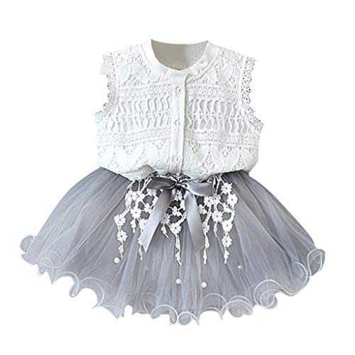 Vestido de niña,Riou Vestidos sin Mangas con Estampado Flores Camisa de Encaje para niñas Falda de Malla con Cuentas Elegante Boda Vestidos Falda Princesa riou