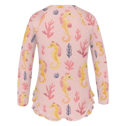 ALAZA Seahorse Coral Reef Bubble Girls One Piece Swimsuit Long Sleeve Rash Guard Swimsuits UV 50+ Swimwear Zipper3