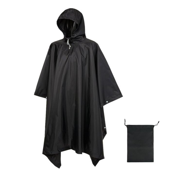 Schwarz Regenponcho - Wasserfest, Regencape, Damen & Herren, Outdoor & Wanderausflüge