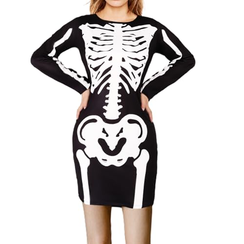 Moiuguli Skelett Kostüm Damen, Schwarzes Halloween Kostüm Damen Gruselig Skelett Leggings mit V-Ausschnitt Reißverschluss Kleid Body Jumpsuit...