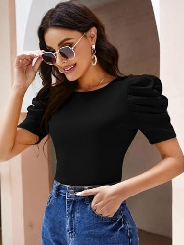 Image of POPWINGS Casual Solid Puff Short Sleeves Round Neck Top for Women |) Stylish Western Tops for Women || Summer Women Top