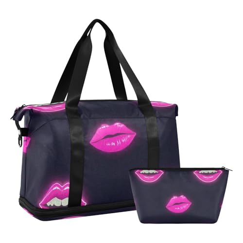 Pink Fluorescent Neon Lips Tote Bag Weekender Duffel Bag with Adjustable Strap for Gym 2 Pcs Set