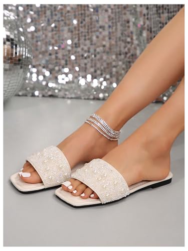 Image of GORGLITTER Women's Sparkly Jeweled Flat Sandals Dressy Open Toe Glitter Shiny Slippers Slip-on Shoes