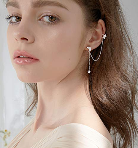 Sluynz 925 Sterling Silver Cuff Earrings Chain For Women Asymmetric Star Moon Earrings Crawler Earrings Dangling Chain (A-Silver-Asymmetry) #TOP1
