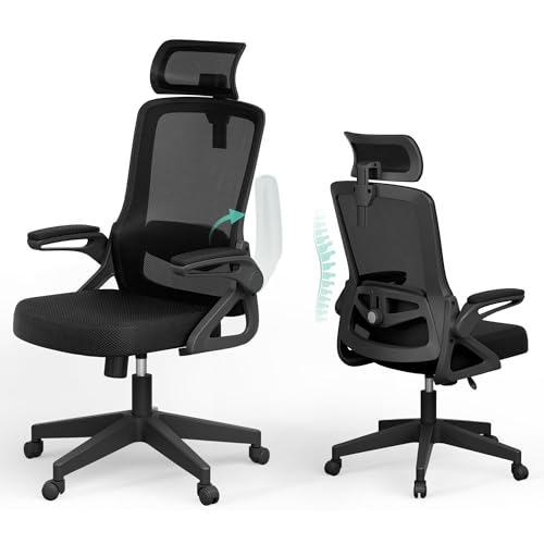 Ergonomic Office Chair, S-Shaped Mesh Desk Chairs, Adjustable Headrest & Lumbar Support, 90°Flip-Up...