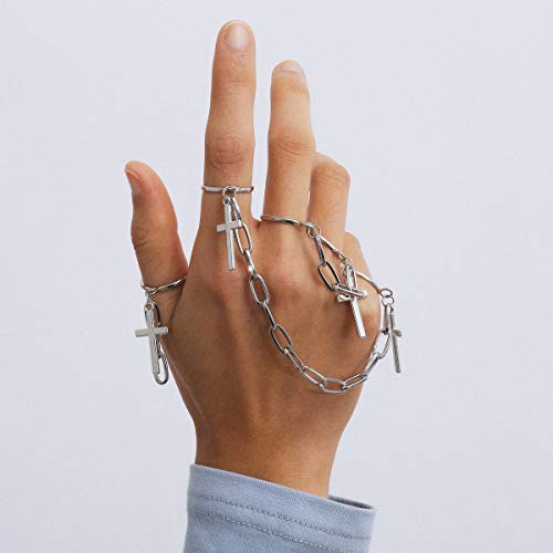 Aimimier 3Pcs Punk Cross Knuckle Ring with Chain Tassel Paperclip Link Chain Finger Ring Gothic Statement Ring Pack for Women Men Teens Girls