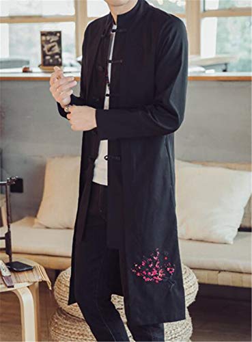 Image of HZCX FASHION Men's Vintage Cotton Linen Stand Collar Frog-Button Trench Coats