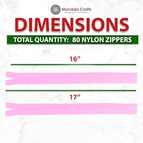 Image of Mandala Crafts 80 PCs Pink Closed-End 16 Inches Nylon Zippers for Sewing