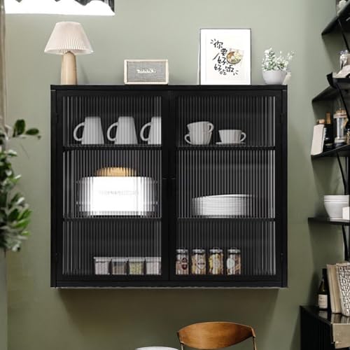 MilleLoom Wall Mounted Glass Cabinet, Modern Kitchen Wall Cabinet with Glass Door Metal Storage Cabinet with Detachable Shelves for Entryway Living Room Bathroom Dining Room