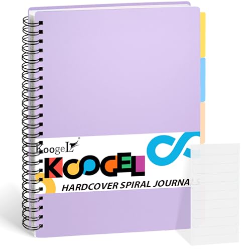 Koogel Hardcover Spiral Notebook with Tabs, A4 College Ruled Journals with Deviders 5 Subject Project Spiral Notebook Perforated Edges for School Office, Purple