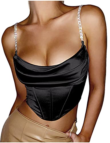 L'vow Women's Sexy Ruched Push Up Satin Bustier Backless Boned Spaghetti Strap Corset Crop Top(Black,Xl) #TOP27