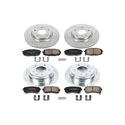 Image of PowerStop Front and Rear Brake Kit for Hyundai Elantra 2009-12 - Drilled and Slotted Disc Rotors with Carbon-Fiber Ceramic Brake Pads Replacement, K6302