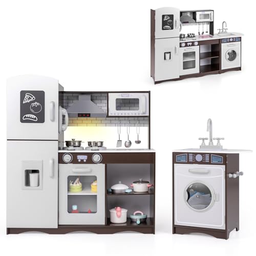 HOMASIS Kinderküche Holz, Spielküche mit Licht & Sound, Spielzeugküche inkl. 7 Zubehör, Eckküche mit Spüle Herd Ofen Eismaschine Mikrowelle Waschmaschine Tafel Telefon, für Kinder ab 3 Jahren, Braun