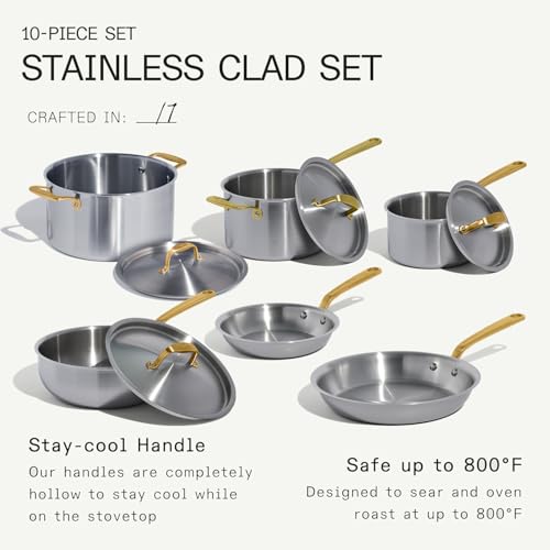 Image of Made In Cookware - 10 Piece Stainless Steel Pot and Pan Set (Antique Brass) - 5 Ply Clad - Includes Stainless Steel Frying Pans, Saucepans, Saucier and Stock Pot W /Lid - Crafted in Italy