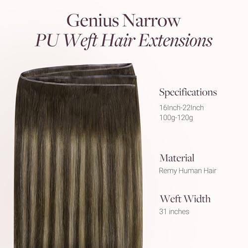 Image of GOO GOO Genius Narrow Edge PU Weft Hair Extensions Human Hair, Invisible Sew in Hair Extensions Human Hair, 4 /26 /4 Balayage Chocolate Brown to Honey Blonde 18 Inch 100g, Seamless Soft Lightweight