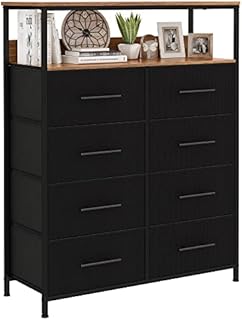 WARM&LOVE Fabric Chest of Drawers for Bedroom, Black Dresser with 8 Drawers, Storage Organiser Unit with Wood Top for Living Room Nursery Hallway, Easy to Install