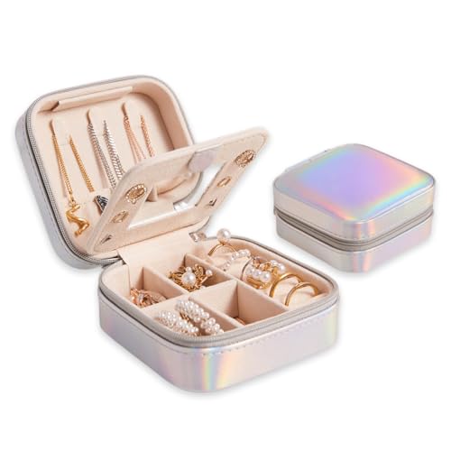 DISTANT DRUMS Jewelry Organizer for Women, Small Travel Jewelry Case With Mirror, Fashion Multi-Colored PU Leather Double Layer Jewelry Box, Wedding Bridesmaid Gifts (Moonlight-Silver)