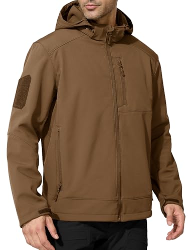 FREE SOLDIER Softshell Jackets for Men Water Resistant Fleece Lined Tactical Hunting Winter Windbreaker with Detachable Hood(Brown,L)