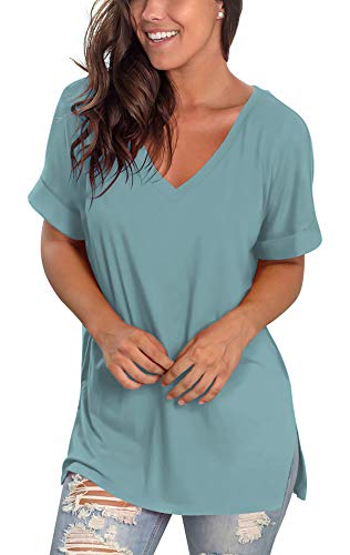 Image of Sampeel Women's V Neck T Shirts Casual Rolled Short Sleeve Side Split Summer Tops Loose Fit