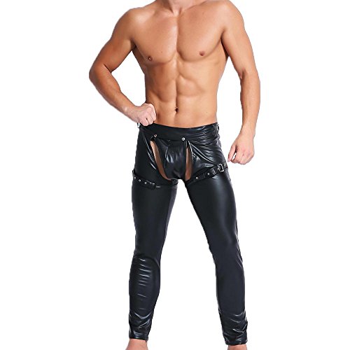 Qiati Mens Skinny Pants Faux Leather Open Crotch Trousers With Bulge Pouch #TOP17