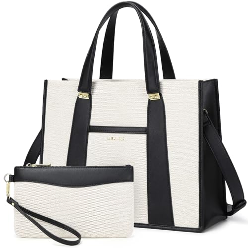 Canvas Tote Bag for Women Work, Pu Leather Laptop Handbag for Daily Use with Luggage Strap Small Wallet Black