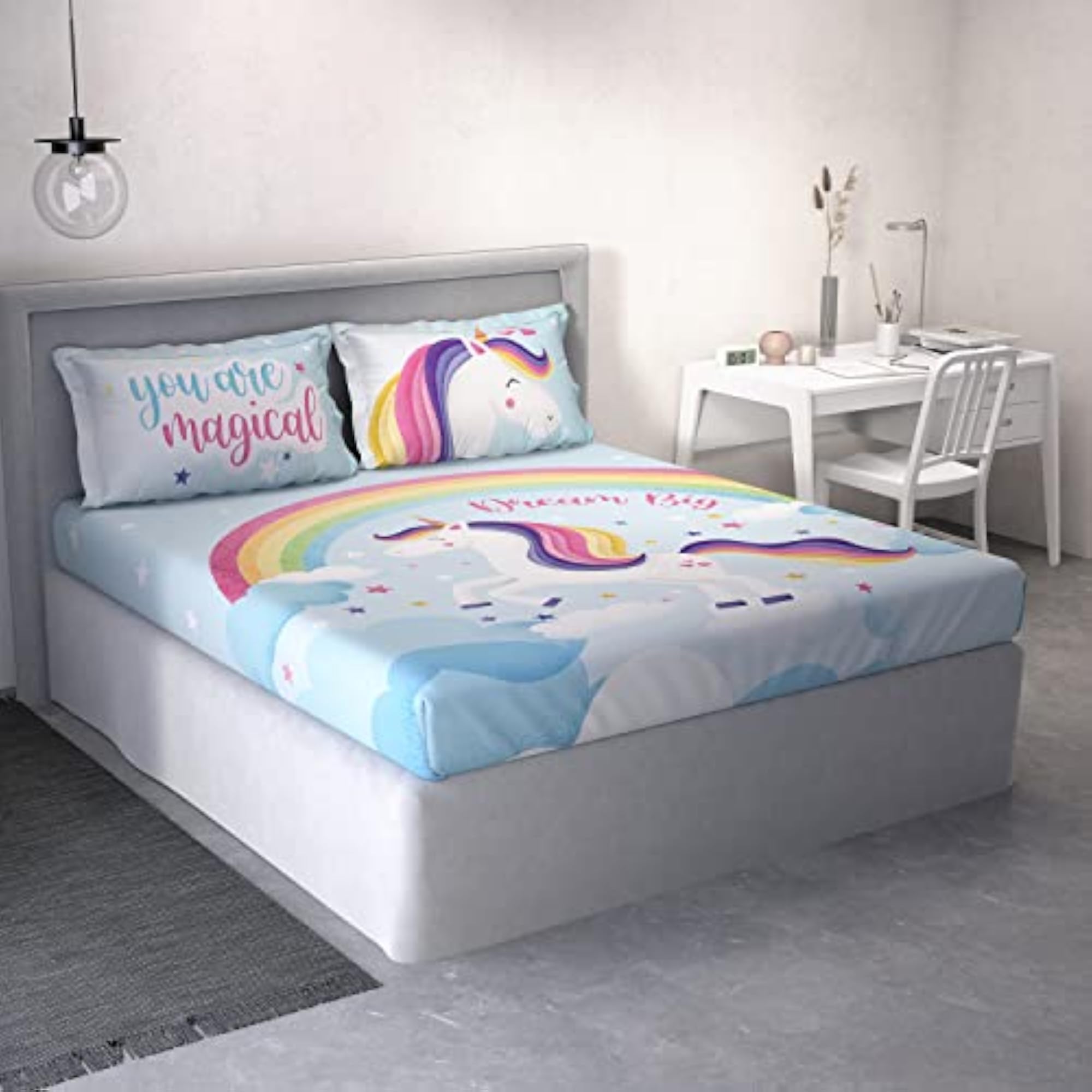 Kids Unicorn Cotton Double Bedsheet with 2 Pillow Covers