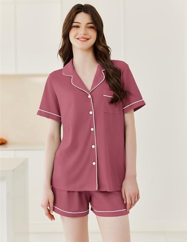 Image of Ekouaer Womens Waffle Knit Pajama Sets Soft Short Sleeve Button Down Sleepwear Cozy 2 Piece Pjs Shorts Set