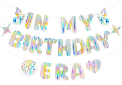 Iridescent In My Birthday Era Banner Pre-Strung Fun Birthday Decorations supplies Vibrant Cute Party Sign with Aurora Rainbow & flames Effects