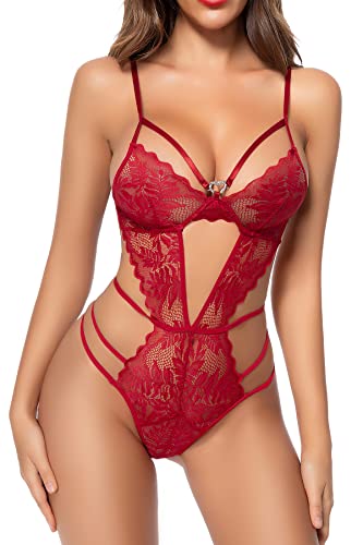 ADSEXY Schwarze Dessous für Frauen, sexy Spitze, Teddy-Bodysuit, tiefer V-Ausschnitt, Mini-Babydoll, Blatt/Rot, M thumbnail
