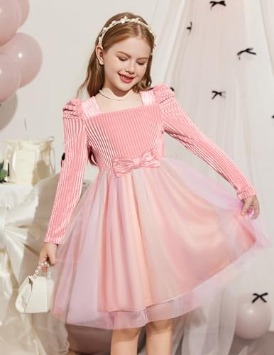 Arshiner Toddler Girls Velvet Dresses Square Neck Fall Winter Long Sleeves Dress for Holiday Party 3-8Y2