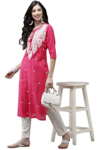 Image of ishin Women's Cotton A-Line Embroidered Beads and Stones Floral Print Pink Kurti