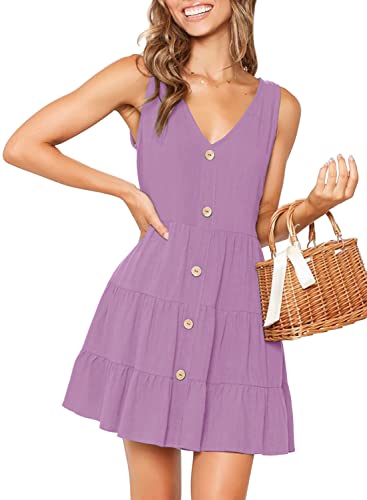 Image of MITILLY Women's Casual T-Shirt Dresses Sleeveless V Neck Button Down A Line Loose Swing Short Dress with Pockets