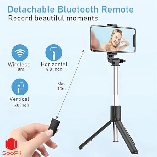 Image of SOOPII 3-in-1 Selfie Stick with Bluetooth Remote, Foldable Tripod Stand, Compact & Extendable Upto 70 cm / 27.5 inches Mobile Stand Holder for iPhone and Android Devices