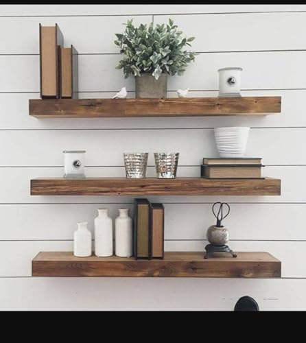 Image of Sheesham Wood Floating Shelf | Solid Wood Wall Shelfs for Home | Handmade | Wooden Wall Decor Book Shelf /Floating Wall Shelf / (Set of 3)