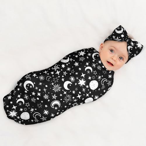 Image of Moon and Star Black Baby Stuff Swaddle Blanket Wrap Baby Newborn Blanket Soft Stretchy with Headband Hat Set Gift for Infant Boy Girl