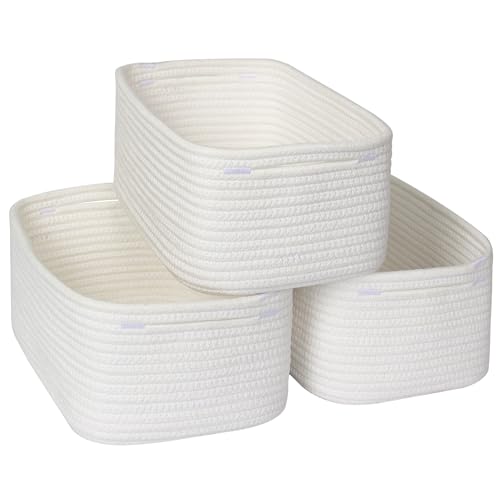 Image of MEGASKET Small White Baskets for Organizing, Woven Storage Baskets for Shelves, Cotton Rope Gift Bins Empty, Decorative Organizer Box, Wicker Towel Bathroom Storage, 13.8 inchx8.8 inchx5.5 inch