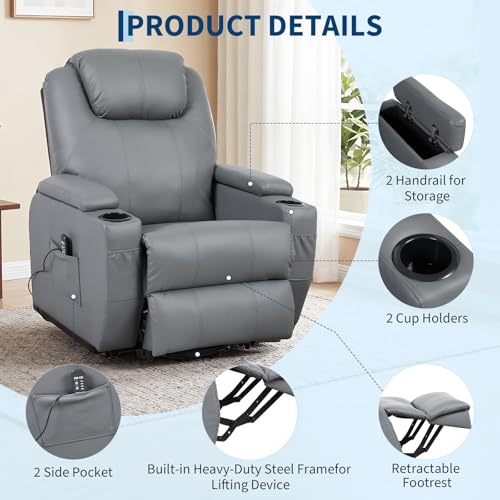 Image of Garvee Power Recliner Chair, Lift Chair with 8-Point Vibration and Heat, Full Body Massage, Armrest Storage, Dual Cup Holders, Silent PU Leather, FSC TUV Certifie, Power Lift Recliner for Bedroom