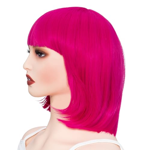Image of Rose bud Hot Pink Bob Wig with Fringe 12 Inch Short Straight Costume Wigs for Women Cosplay Party Halloween