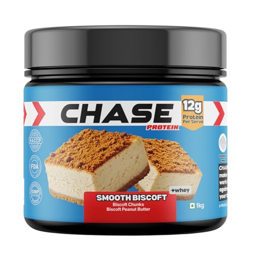 Image of Chase High Protein Peanut Butter Creamy 1kg | With Isolate Whey & 300g Protein in Jar | 12g Per Serve | Smooth Biscoft Flavour with Chunks | Healthy Nut Butter Spread for Breakfast, Fitness, Gym