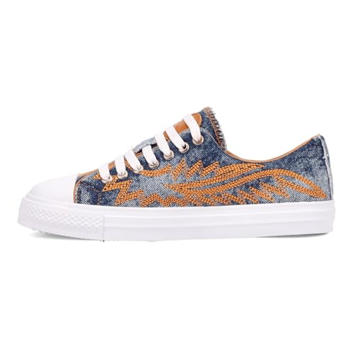 Dingo Womens Campus Embroidered Lace Up Sneakers Shoes Casual - Blue, Brown3