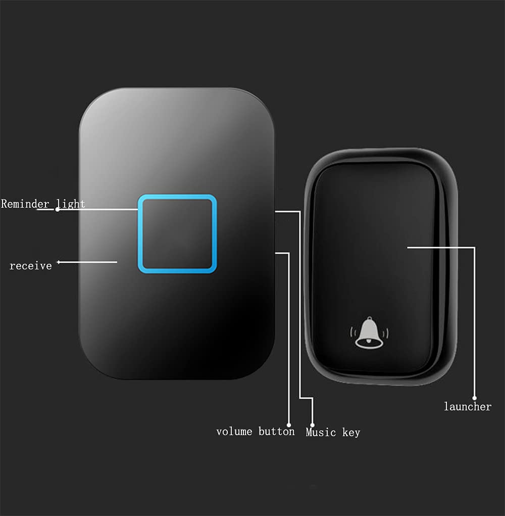 Timbre Inalámbrico Timbre Autoalimentado Inalámbrico Operado a 150 M De Alcance, Timbre Impermeable IP44, 60 Campanillas Fuertes con Luz LED Intermitente, Negro